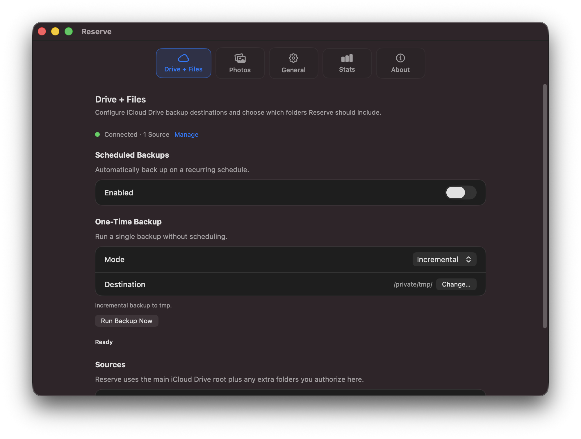 Reserve for Mac screenshot showing backup controls for iCloud Drive and iCloud Photos
