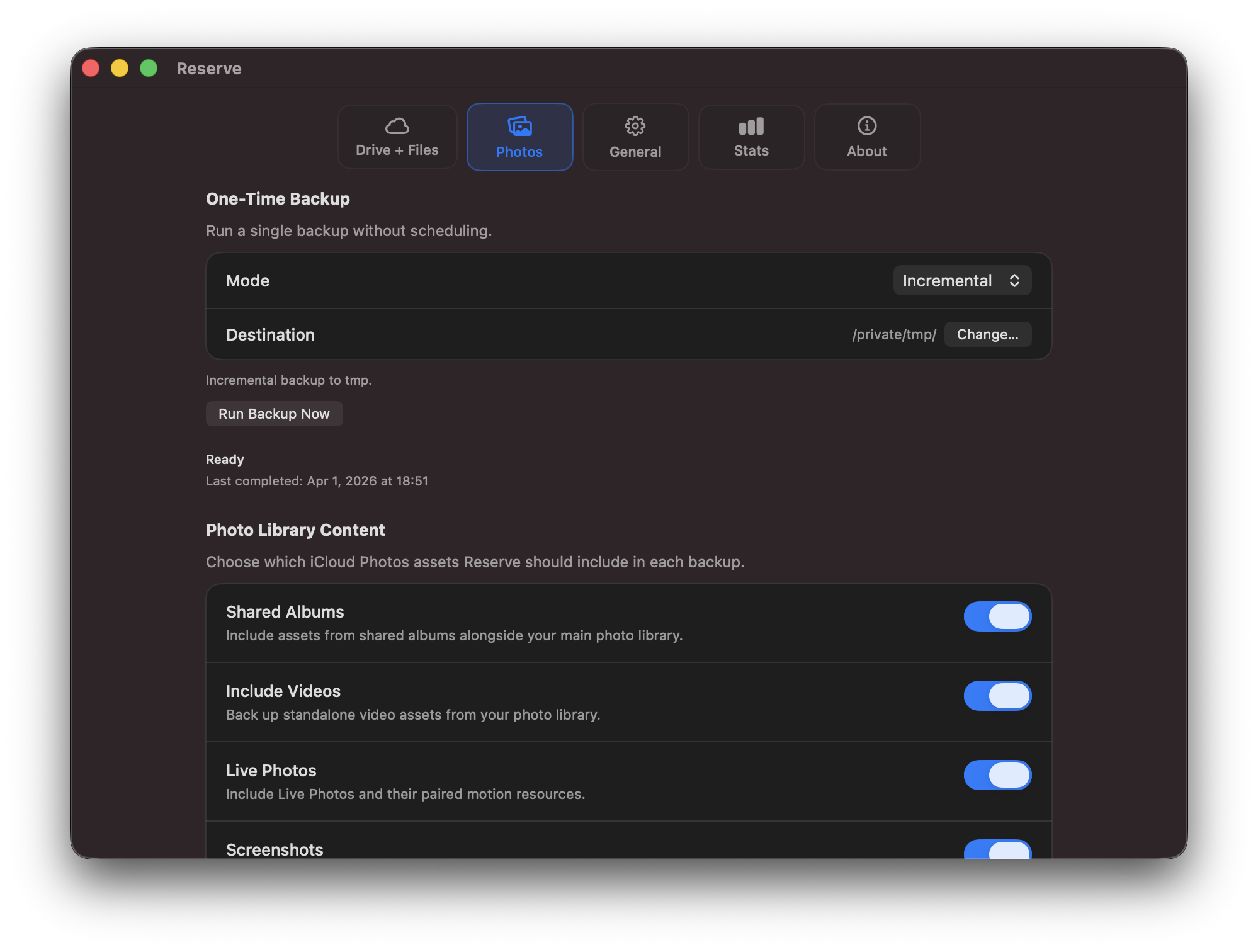Reserve for Mac screenshot showing backup progress and scheduling options