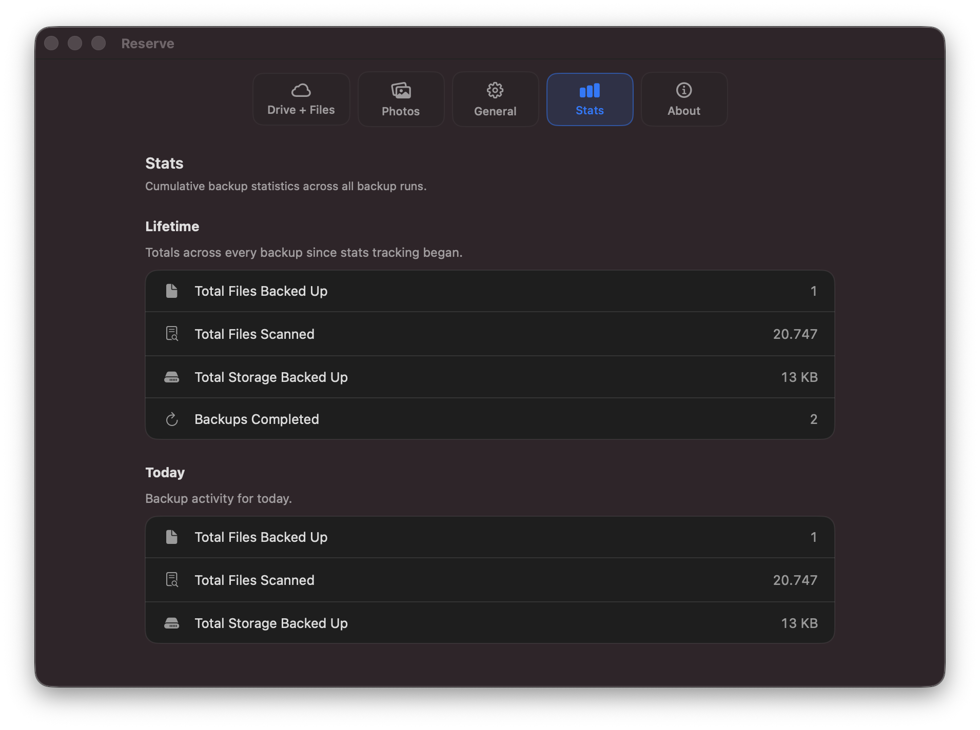 Reserve for Mac screenshot showing app information and backup features